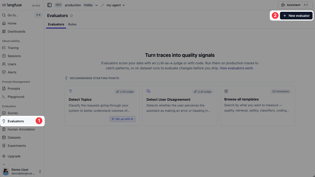 Evaluators page with the New evaluator button