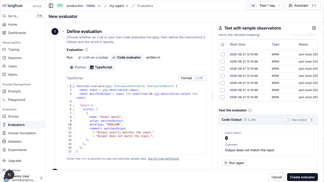 Testing a code evaluator with sample observations