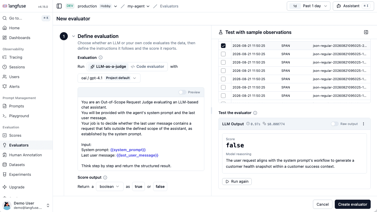 Testing an LLM-as-a-Judge evaluator with sample observations