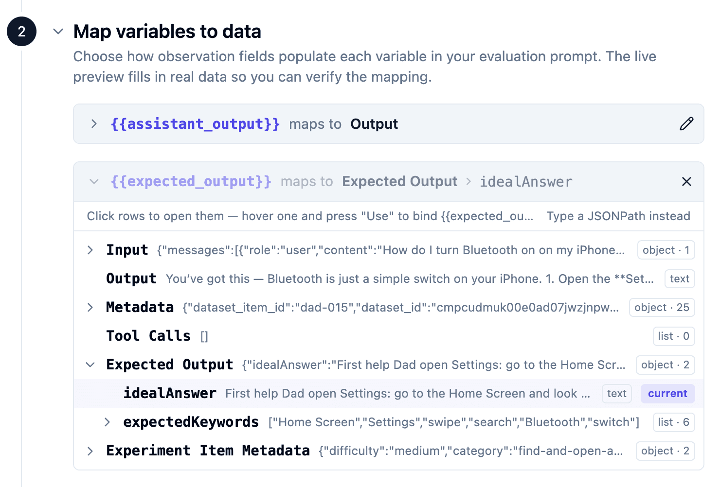 Map the Correctness evaluator variables to the experiment output and expected ideal answer.