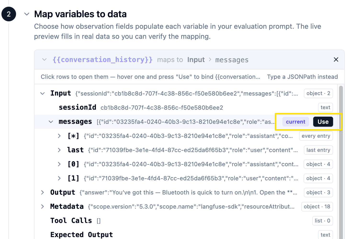 Map the conversation history variable to all input messages.