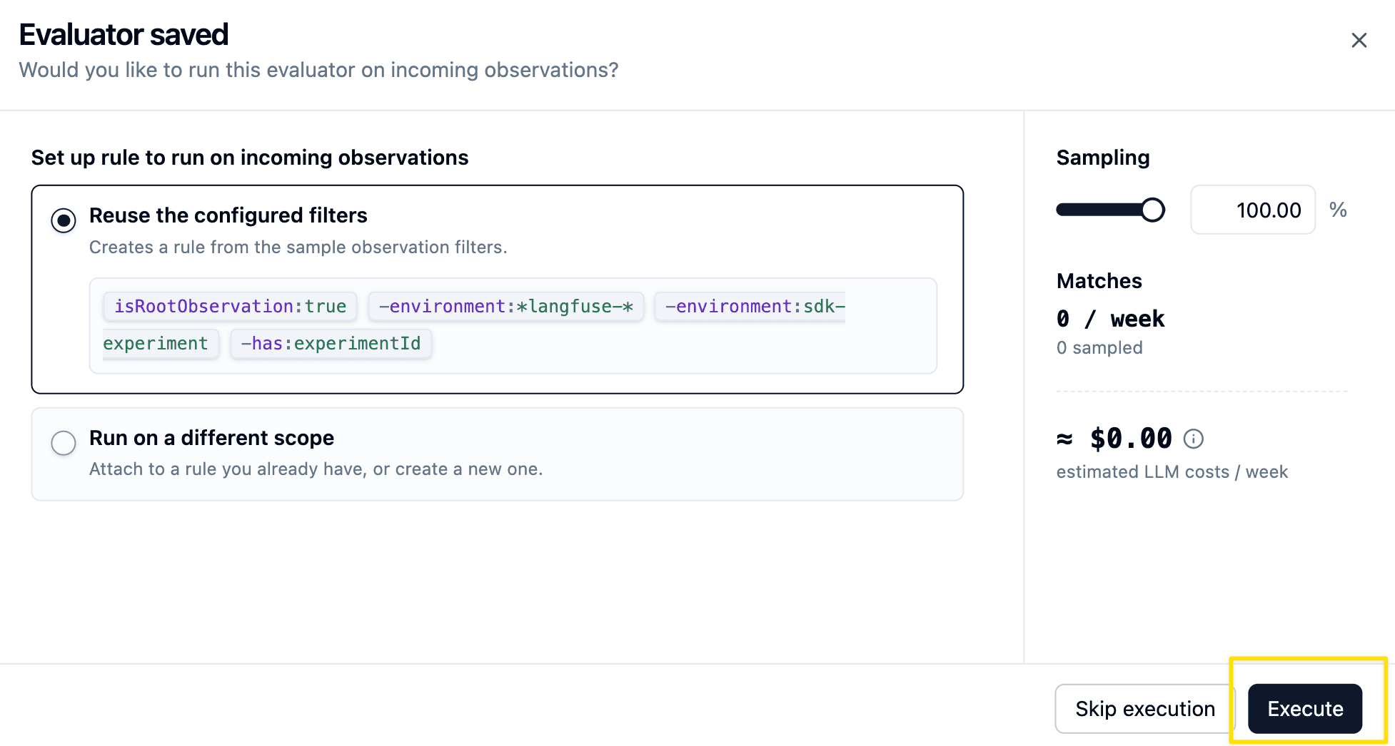 Execute the saved evaluator on incoming observations using the configured filters.