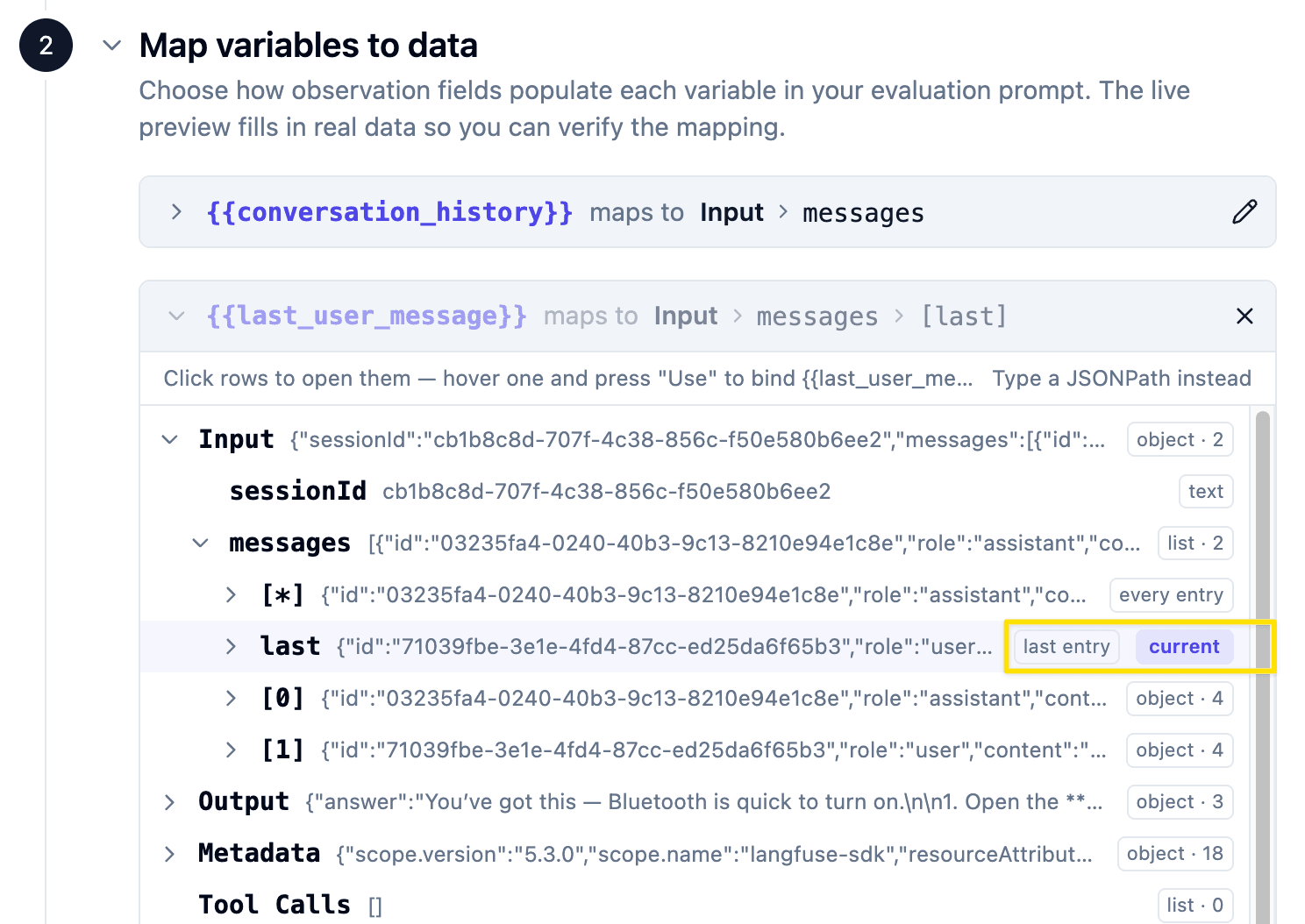 Map the last user message variable to the last input message.
