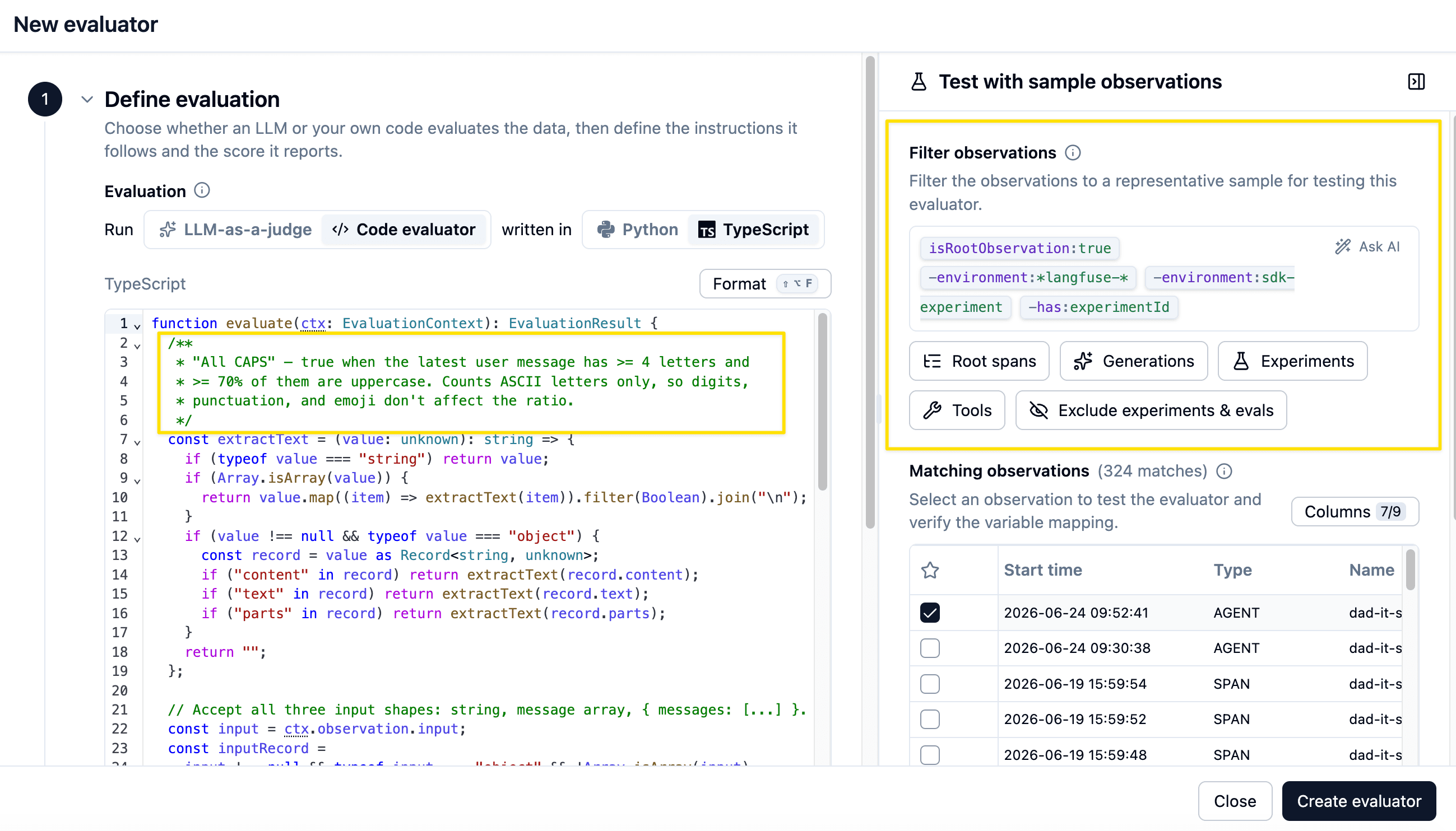 Target the same root observation for the user-frustration code evaluator.