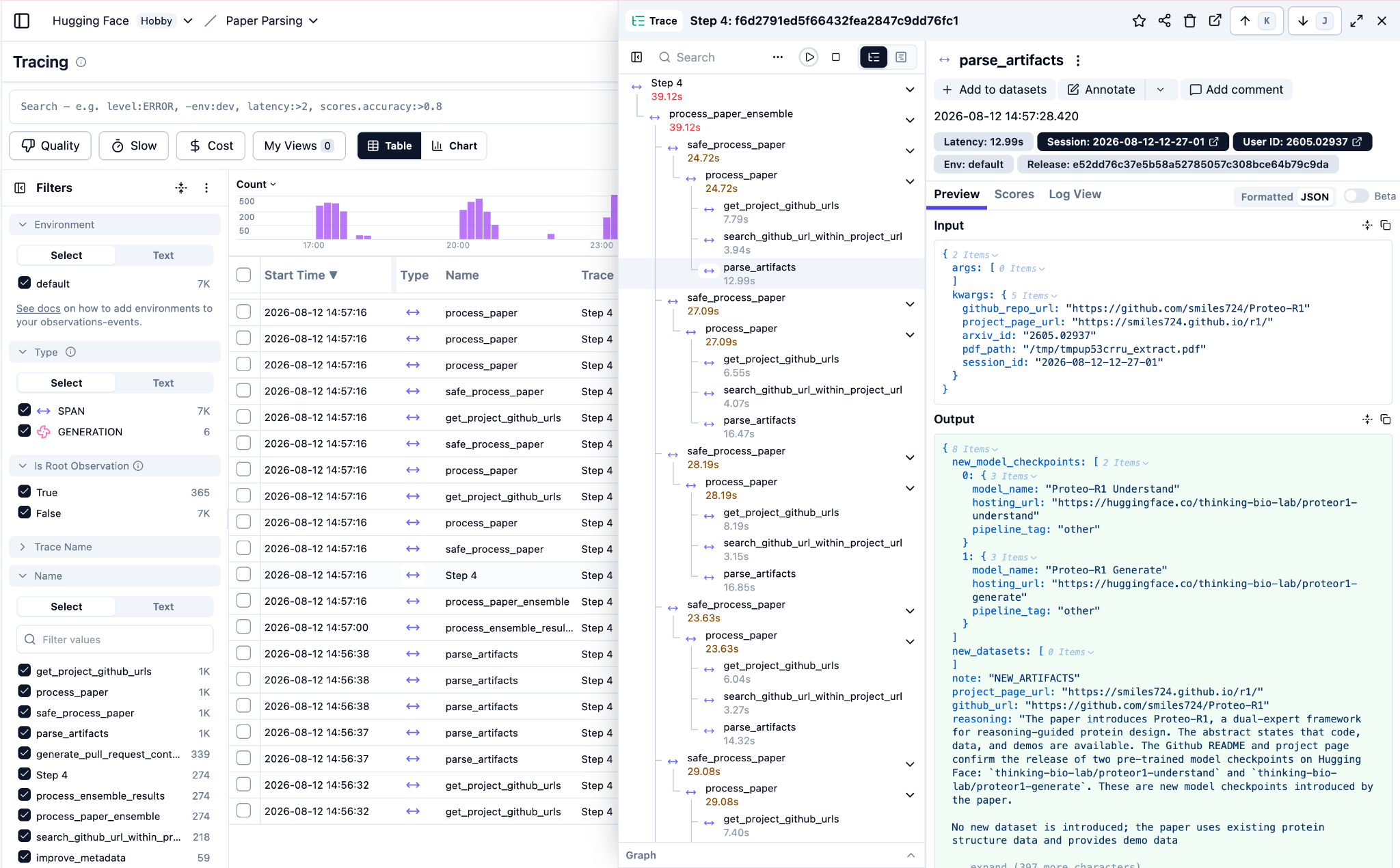 Example of a trace in the Langfuse UI showing nested observations, timing, inputs, outputs, and metadata across a multi-step agent workflow.